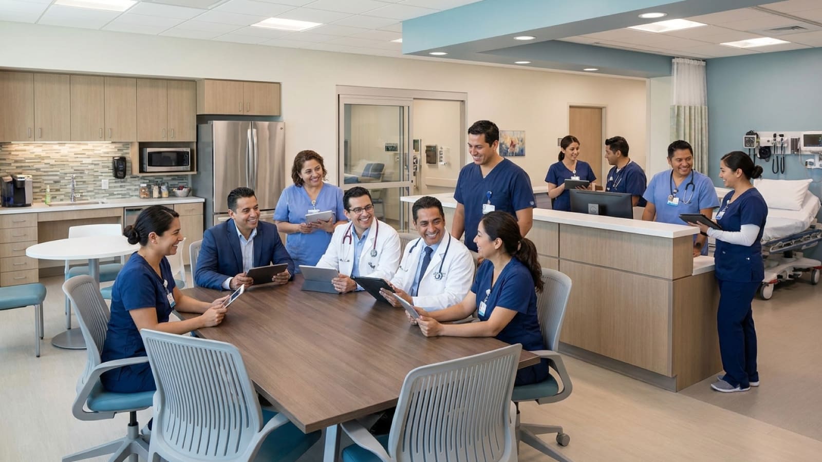 Equipo de salud trabajando en un entorno laboral digno